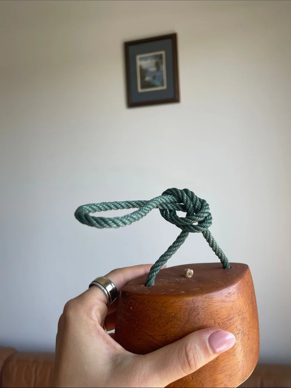 Handcrafted Brown Wooden Bell with Green Rope - Home Wall Decor
